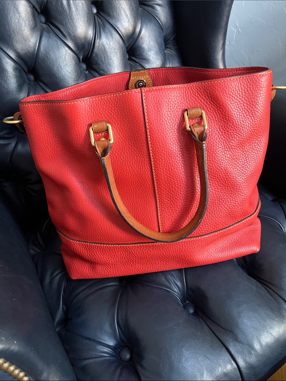 Dooney & Bourke Red Pebbled Leather Satchel with Brown Trim - Picture 3 of 12